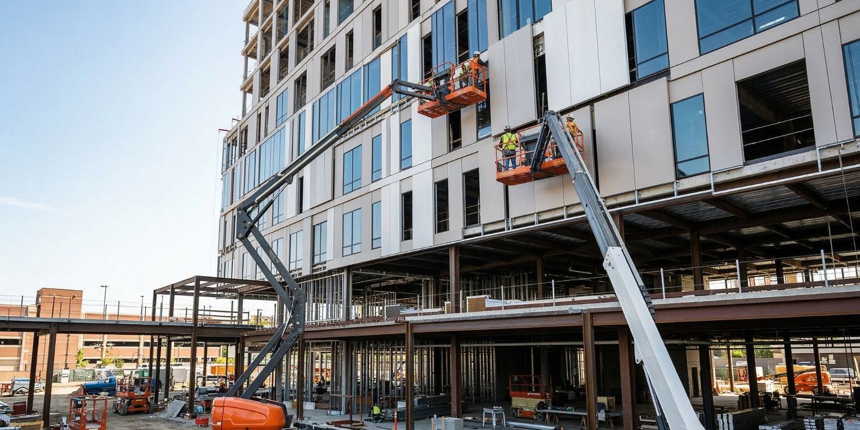 Zwei große Teleskop-Arbeitsbühnen im Außeneinsatz auf einer Baustelle für ein modernes Stahl-Gebäude, Positionierung von Arbeitern an der Fassade. SEO, KI, barrierefrei optimiert.